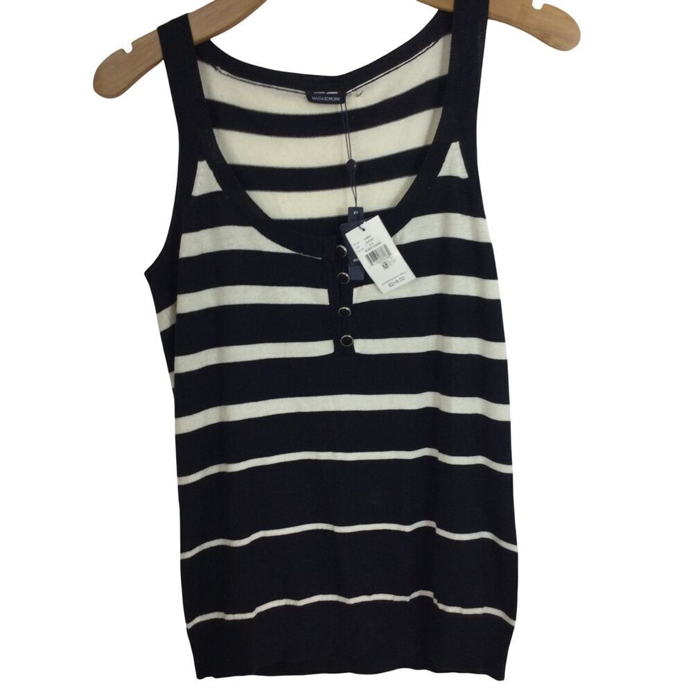 Magaschoni Womens Silk Striped Sleeveless Knit Tank Top Black Combo Size M NWT